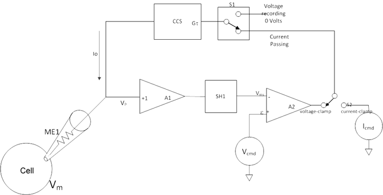 Schaltungszeichnung einer typischen diskontinuierlichen Einzelelektroden-Voltage-Clamp.